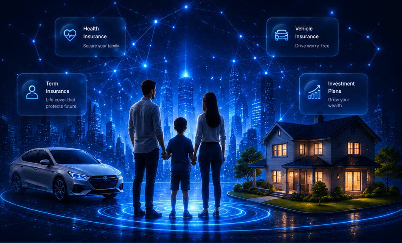 A family protected by QuickInsure's AI-powered insurance ecosystem, with their car and home connected through a glowing network