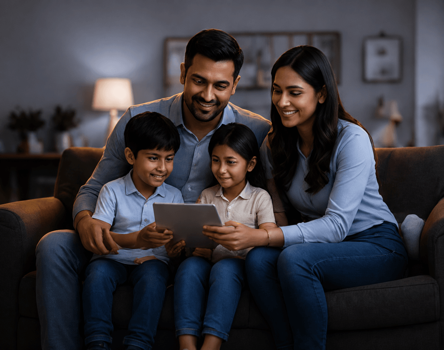 A family smiling together while looking at a tablet, representing the QuickInsure community